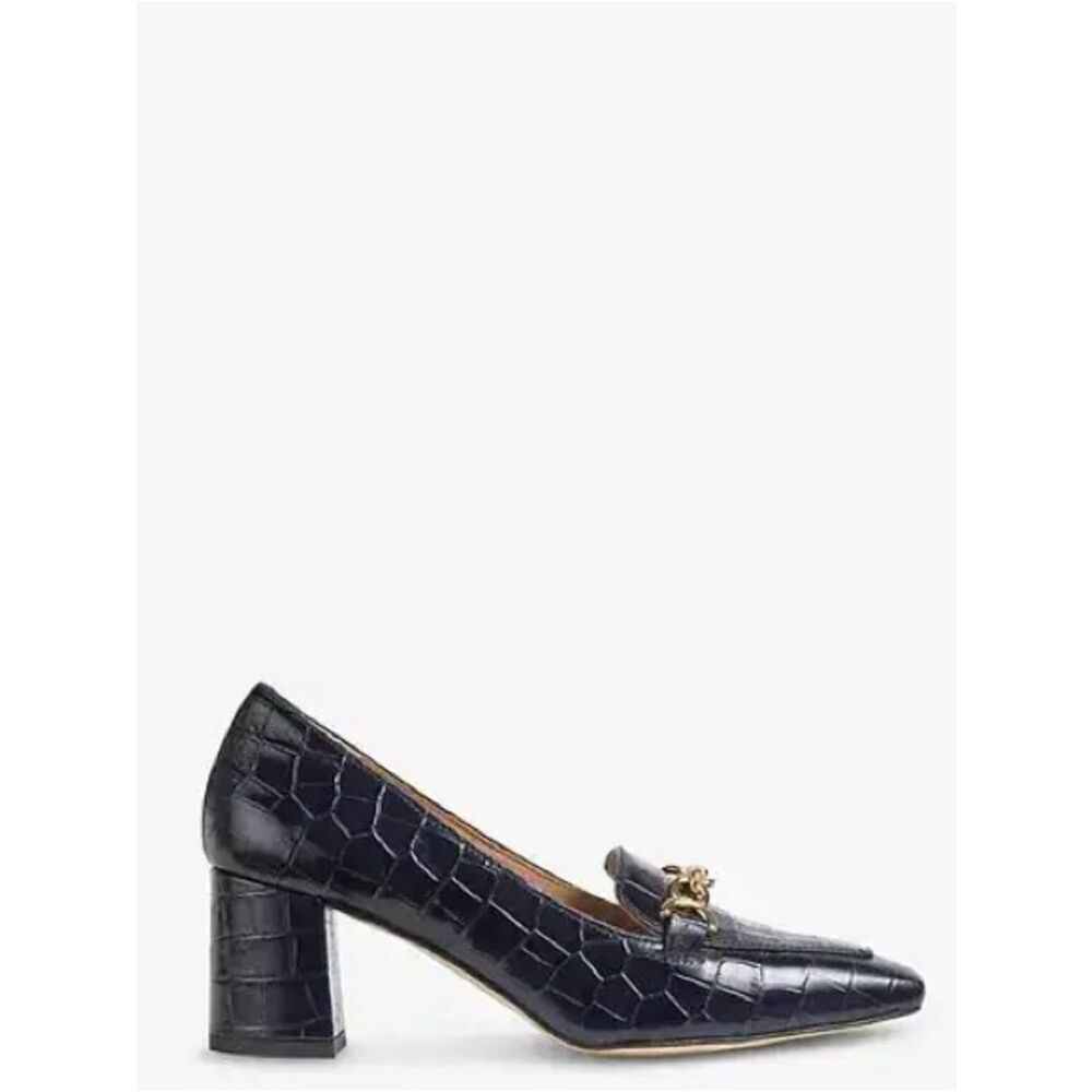 LK Bennett Black Croc-Embossed Block Heel Loafer with Gold Chain